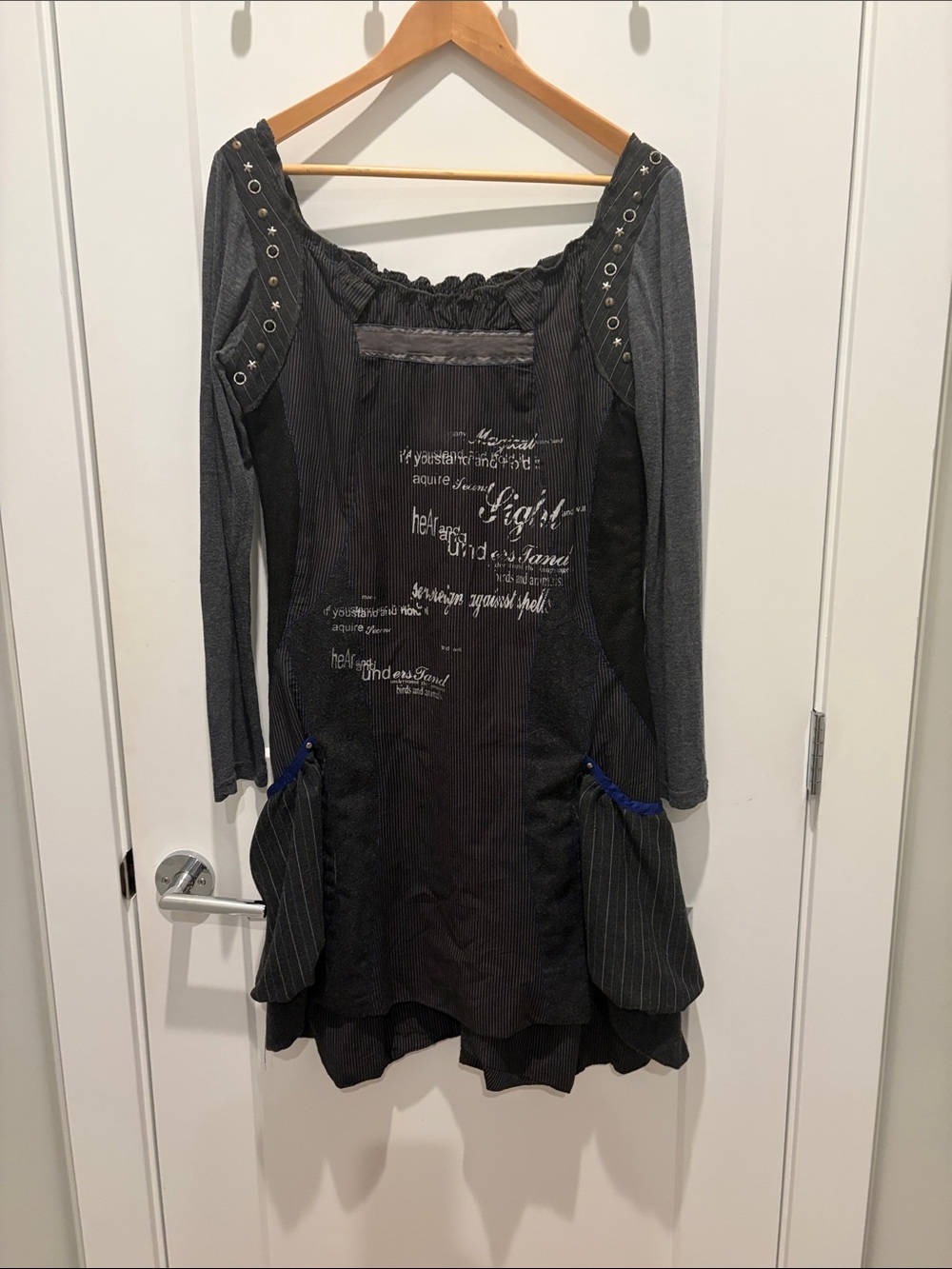 Long-Sleeve Black Mixed-Media Dress with Grommet Trim
